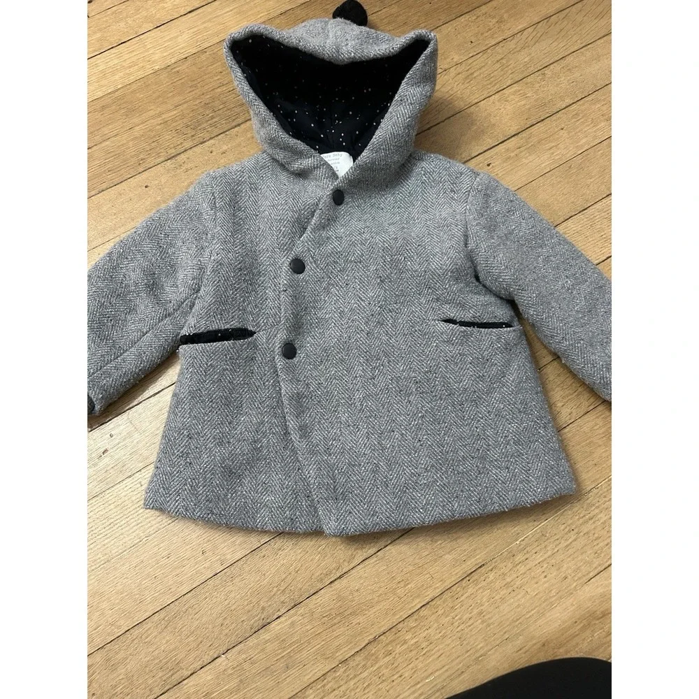 Zara Baby Gray Button Up Parka Jacket Size 3/4 Toddler Herringbone Winter Coat